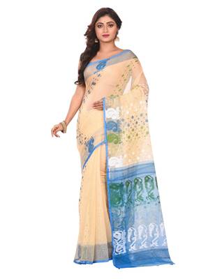 Beige plain cotton silk saree without blouse 1
