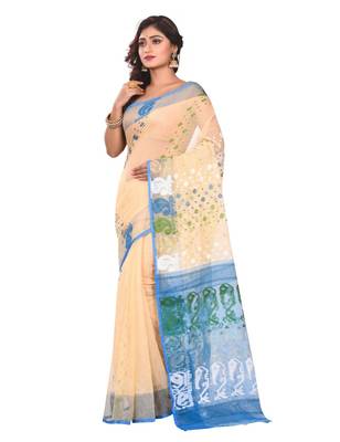 Beige plain cotton silk saree without blouse 2