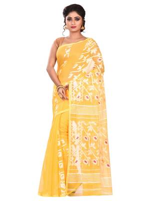 Yellow plain cotton silk saree without blouse 1