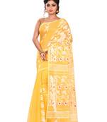 Yellow plain cotton silk saree without blouse
