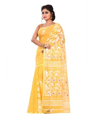 Yellow plain cotton silk saree without blouse 2