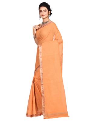 Cream plain cotton saree without blouse 2