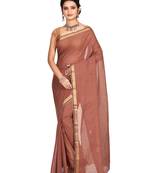 Brown plain cotton saree without blouse