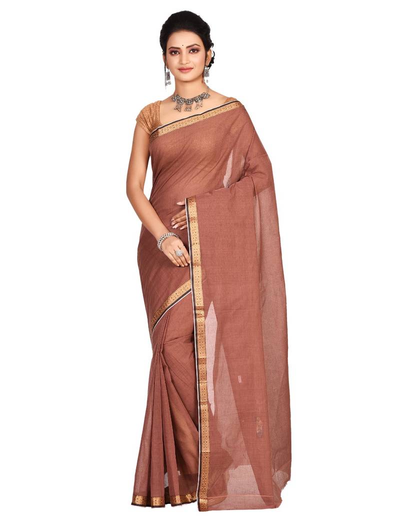 Brown plain cotton saree without blouse