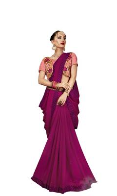 Magenta embroidered satin saree with blouse 1
