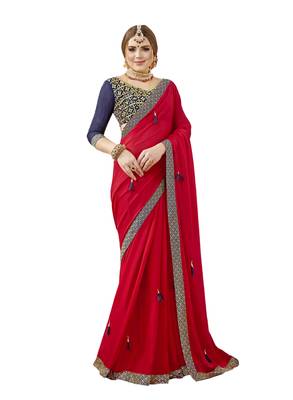 Red embroidered georgette saree with blouse 1