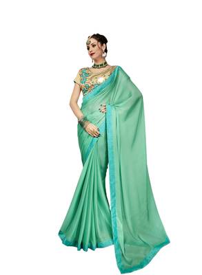 Sea green embroidered satin saree with blouse 1