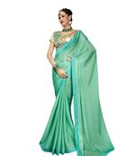 Sea green embroidered satin saree with blouse