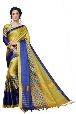 Yellow printed polycotton saree with blouse 1
