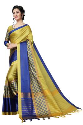 Yellow printed polycotton saree with blouse 4