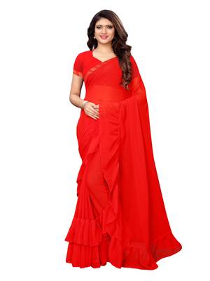 Red woven ruffle georgette saree with blouse 1