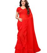 Red woven ruffle georgette saree with blouse