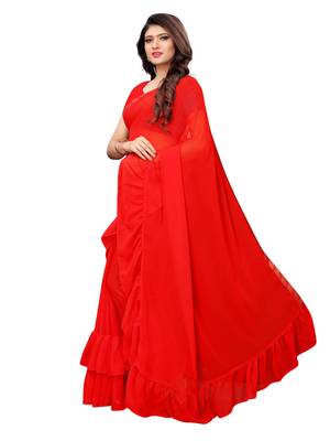 Red woven ruffle georgette saree with blouse 2