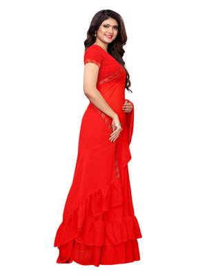 Red woven ruffle georgette saree with blouse 3