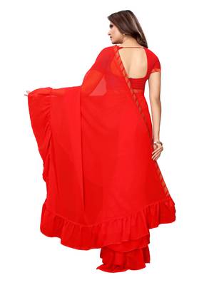 Red woven ruffle georgette saree with blouse 4
