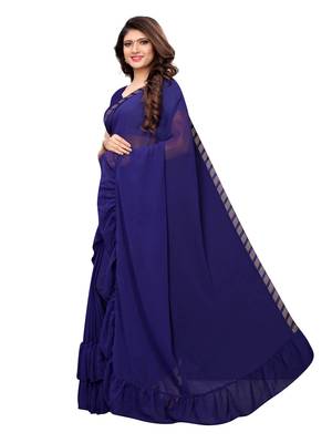 Navy blue woven ruffle georgette saree with blouse 2