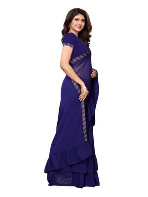 Navy blue woven ruffle georgette saree with blouse 3