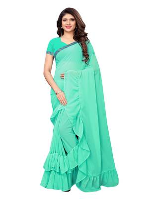 Turquoise woven ruffle georgette saree with blouse 1