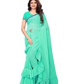 Turquoise woven ruffle georgette saree with blouse