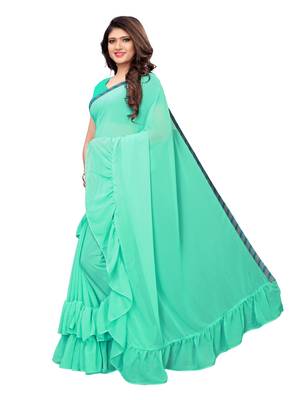 Turquoise woven ruffle georgette saree with blouse 2