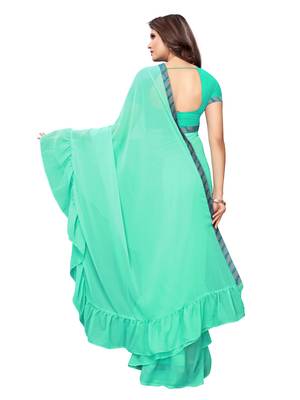 Turquoise woven ruffle georgette saree with blouse 4
