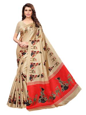 Beige Printed Art Silk Saree With Blouse 1