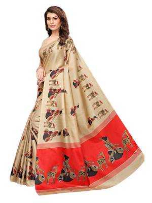 Beige Printed Art Silk Saree With Blouse 2