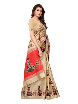 Beige Printed Art Silk Saree With Blouse 3