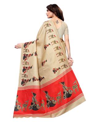 Beige Printed Art Silk Saree With Blouse 4