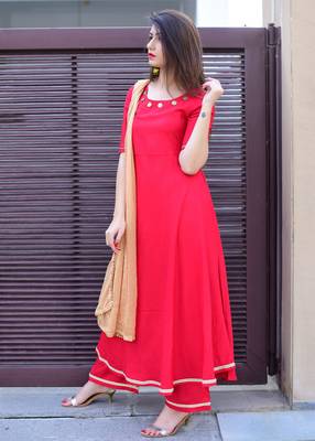 Red Solid Rayon Stitched Salwar Suits 2