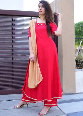 Red Solid Rayon Stitched Salwar Suits 3