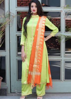 Light Green Solid Satin Stitched Salwar With Dupatta 1