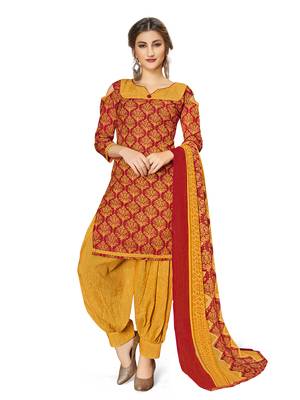Red Printed Cotton Unstitched Salwar With Dupatta 1