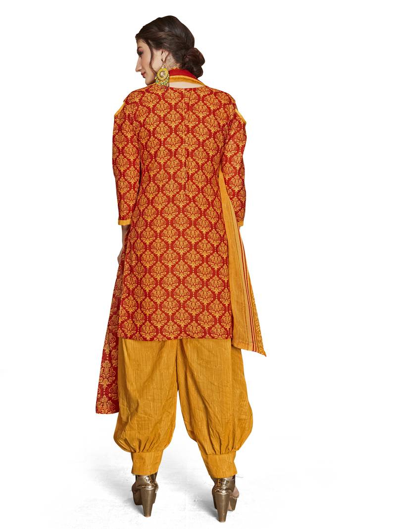 Red Printed Cotton Unstitched Salwar With Dupatta