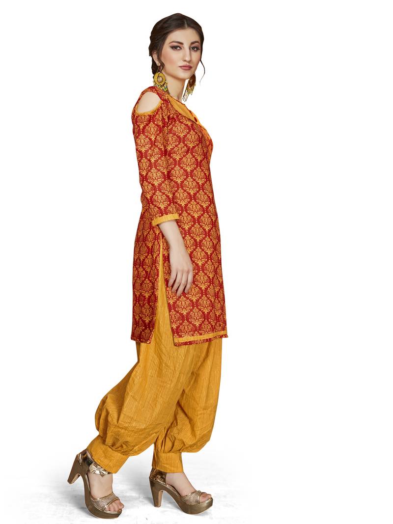 Red Printed Cotton Unstitched Salwar With Dupatta