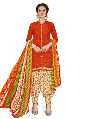 Orange Printed Cotton Unstitched Salwar With Dupatta 1