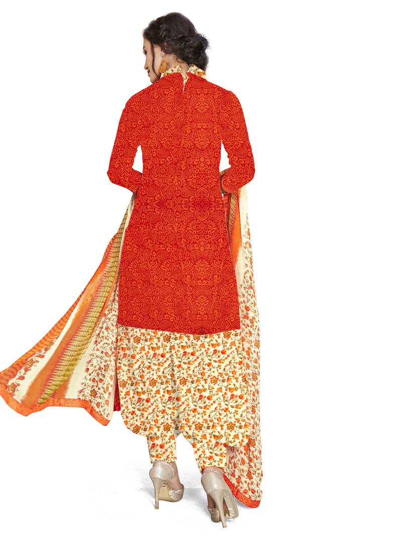 Orange Printed Cotton Unstitched Salwar With Dupatta
