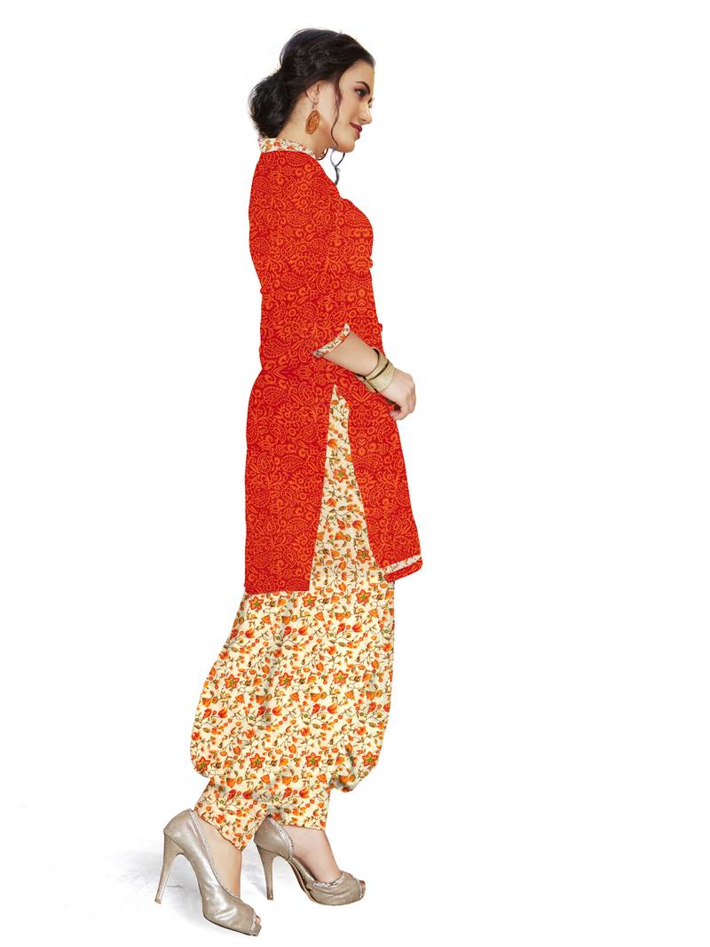 Orange Printed Cotton Unstitched Salwar With Dupatta
