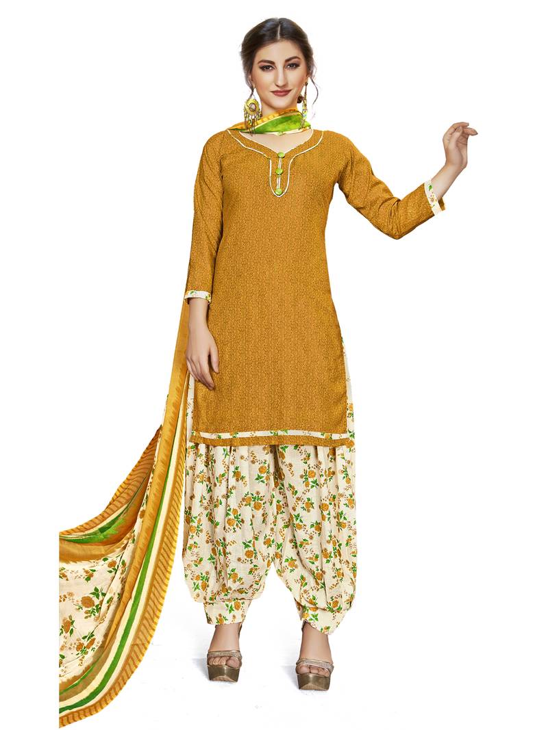 Yellow Printed Cotton Unstitched Salwar With Dupatta