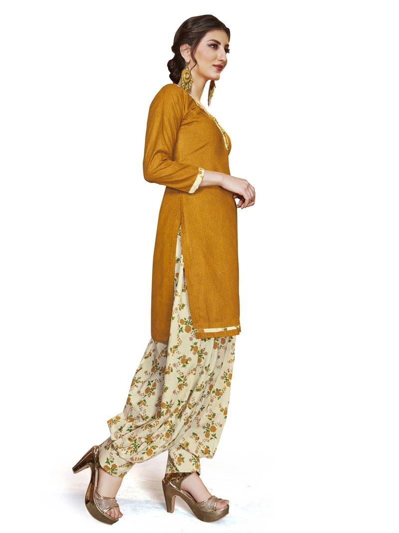 Yellow Printed Cotton Unstitched Salwar With Dupatta