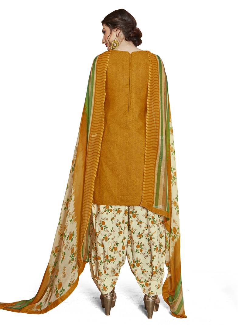 Yellow Printed Cotton Unstitched Salwar With Dupatta