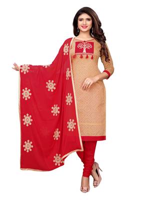 Beige Printed Chanderi Unstitched Salwar With Dupatta 1