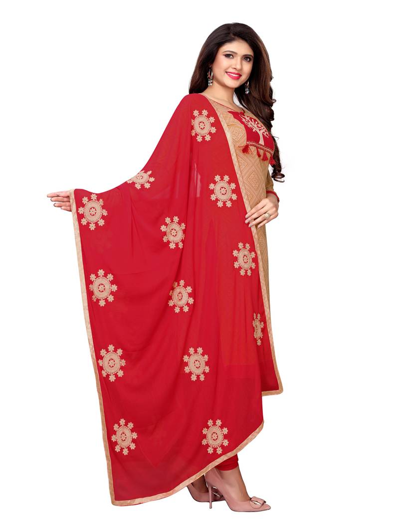 Beige Printed Chanderi Unstitched Salwar With Dupatta