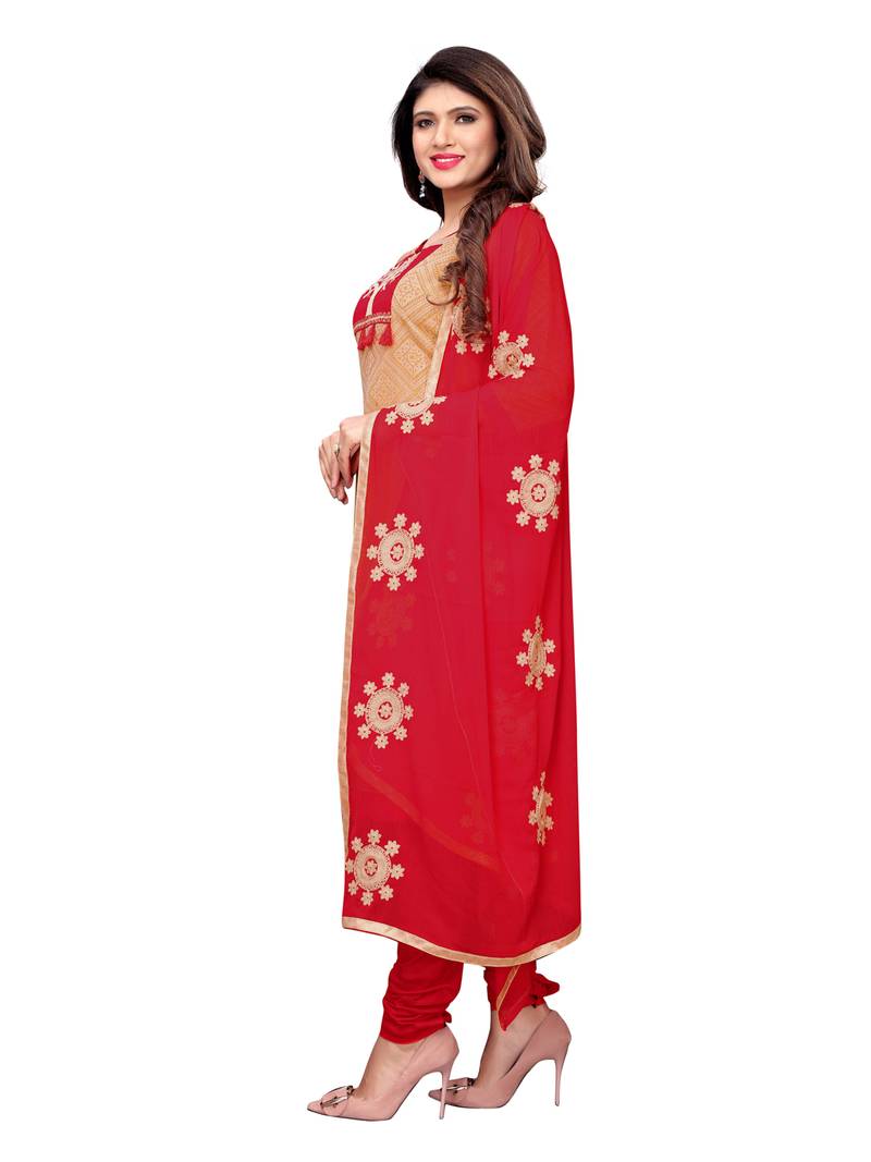 Beige Printed Chanderi Unstitched Salwar With Dupatta
