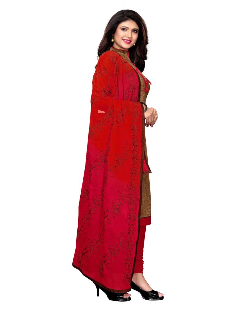 Brown Printed Chanderi Unstitched Salwar With Dupatta