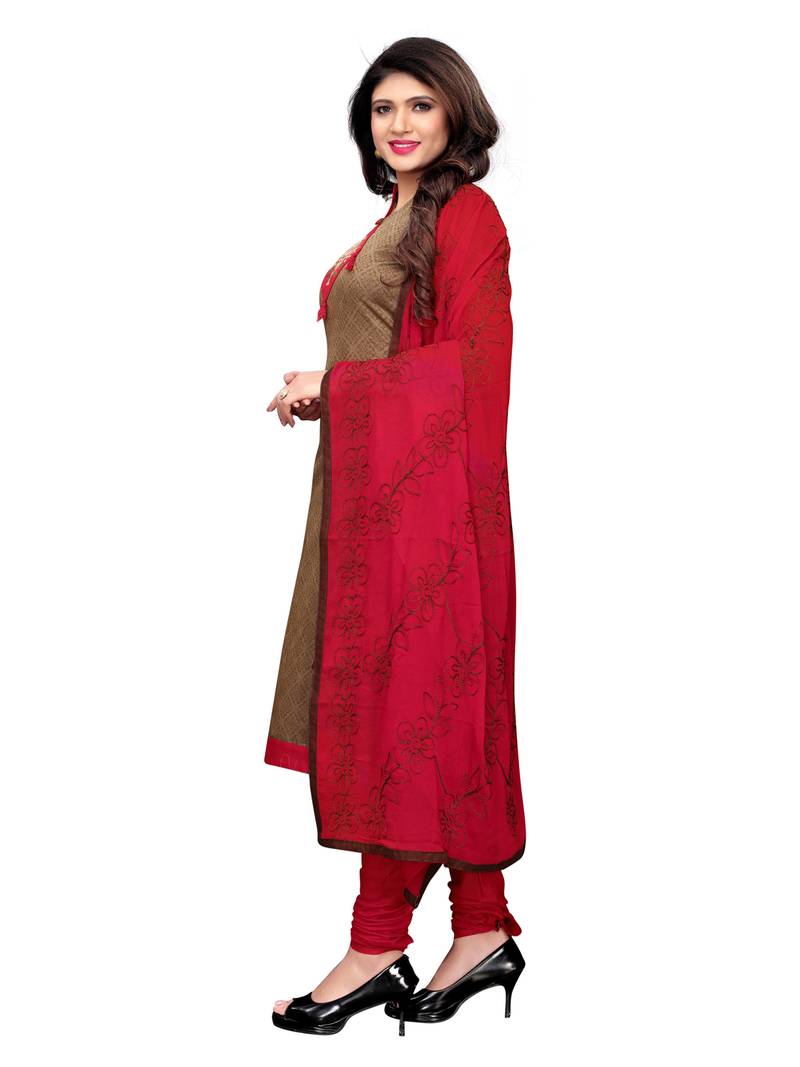 Brown Printed Chanderi Unstitched Salwar With Dupatta