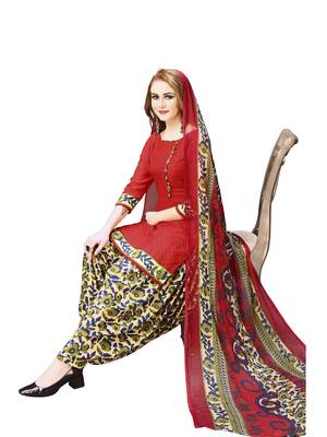 Red Printed Crepe Unstitched Salwar With Dupatta 1