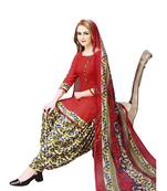 Red Printed Crepe Unstitched Salwar With Dupatta