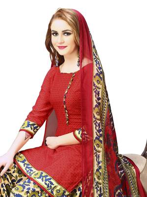 Red Printed Crepe Unstitched Salwar With Dupatta 2