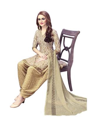 Beige printed crepe unstitched salwar with dupatta 1